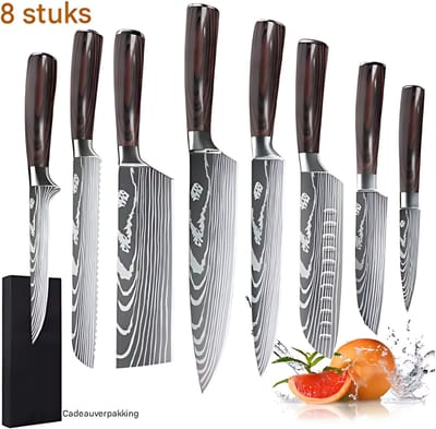 8-delige Japanse keukenmessen set - koksmessenset - Messenset - Keukenmessen - Voor koken en snijden - Laser Damascus patroon, hoogwaardig RVS koksmes - Scherp fruit- en snijmes