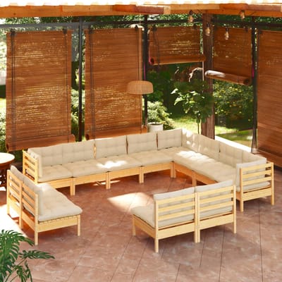 vidaXL - 12-delige - Loungeset - met - crèmekleurige - kussens - grenenhout