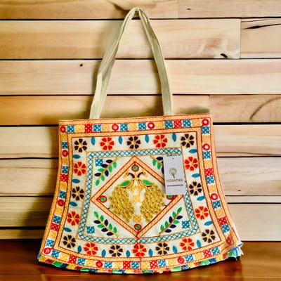 Schoudertas - Vedantan - Damestas - 35 x 40 cm - Katoen - kleurrijk borduurwerk - picknicktas - Leuke Strandtas - Klein - Schattige - Vrolijke print - Twee handvaten