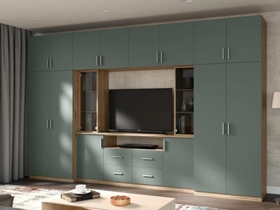 Kastwand 7-in-1 Ruim en Stabiel 380 cm Breed x 240 cm Hoog x 54 cm Diep – TV Kast, Vitrinekasten met Rookglas, Hangkasten en Uittrekbaar Hoofdeinde – Eiken Wotan / Fles Groen – Abkantoor