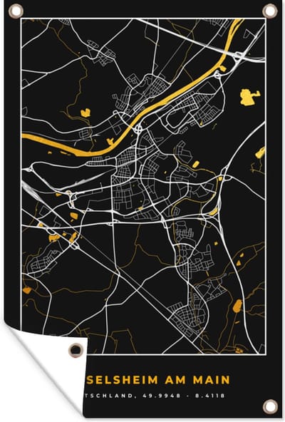 Muurdecoratie Black and Gold – Stadskaart – Rüsselsheim am Main – Duitsland – Plattegrond – Kaart - 120x180 cm - Tuinposter - Tuindoek