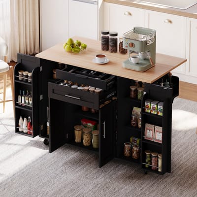 Keukeneiland buffetkast 120x45(70)x92 cm - Eetwagen - Met verstelbare planken, kruidenrek en handdoekhouder - Met opbergruimte - Vrijstaande keukenkasten - Voorzien van een opklapbaar werkblad - Zwart