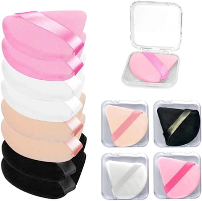 Set van 8 Driehoekige Poederkwasten met 4 Reistassen, Herbruikbare Velours Make-up Puff en Primer Mengspons in 4 Kleuren