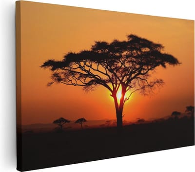 Artaza Canvas Schilderij Zonsondergang - 30x20 cm - Klein - Wanddecoratie Afrika - Muurdecoratie Boom - Kamer Accessoires Natuur