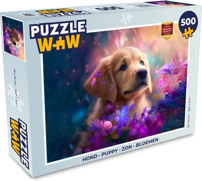 Puzzel Hond - Puppy - Zon - Bloemen - Golden retriever - Legpuzzel - Puzzel 500 stukjes
