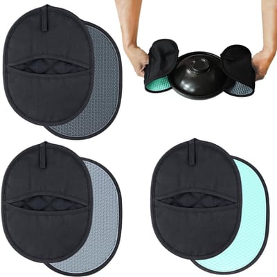 Dailygoods - Set van 3 pannenlappen, multifunctionele pannenlappen, hittebestendig tot 240 °C, ovenwanten van katoen en siliconen, geïsoleerde onderzetters voor keuken, oven, potten met haken, 24,5 x 18,7 cm