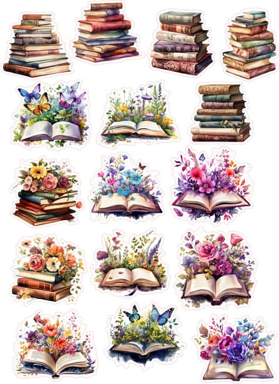 Bullet Journal Stickers - Planner Agenda Stickers - Floral books stickers - 16 die cut stickers - boeken stickers - Scrapbook stickers - Ephemera Deco stickers - volwassenen en kinderen