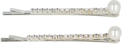 Haarsoires Haarspeld Schuifspeldjes 6cm - Recht - Strass Steentjes & Parel - Zilver - Set van 2 - Haarklem - Haarclip - Haaraccessoires voor Dames & Kinderen - Hair Clip - Decoratieve Haaraccessoire