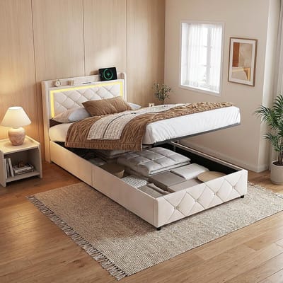 Eenpersoonsbed met opbergruimte - Logeerbed tienerbed - Kleine kamer oplossing - Inclusief lattenbodem - 90x200 cm - Beige