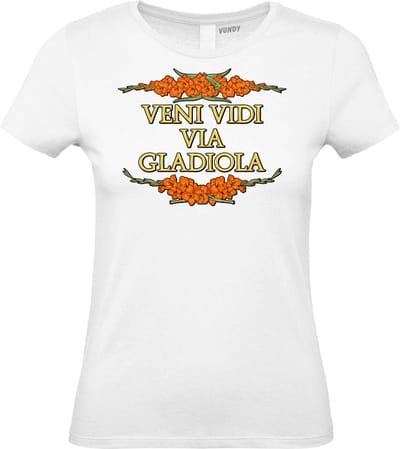 Dames t-shirt Veni Vidi Via Gladiola | Vierdaagse shirt | Wandelvierdaagse Nijmegen | Roze woensdag | Wit | maat XS