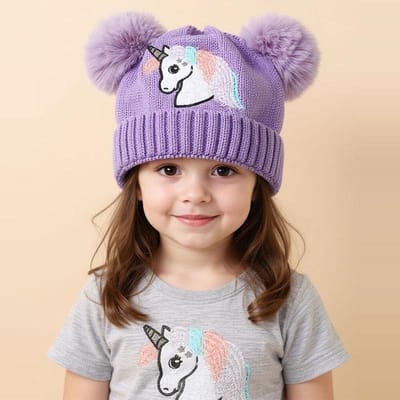 Cartoon Paard Gebreide Babymuts voor Meisjes Jongens Winter Pompon Bolmuts voor Kinderen Buiten Warme Kinderhoeden Baby Mutsen Pet 52-54cm(3-8years) paars