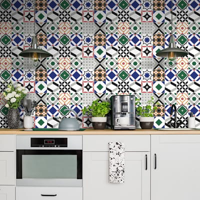 Zelfklevende tegelmuurstickers voor keuken en badkamer - 60 cementtegelstickers (Azulejos Ediah) - 60 stickers, 20x20cm