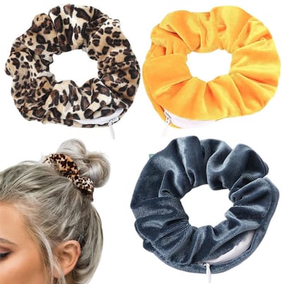 Dailygoods- Haarelastiekjes met Ritssluiting - 3 Stuks - Kleurrijke Scrunchies - Elastische Haaraccessoires - Zacht en Huidvriendelijk - Met Opbergzak