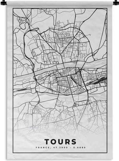 Wandkleed - Wanddoek - Stadskaart - Tours - Plattegrond - Kaart - Frankrijk - Zwart wit - 120x180 cm - Wandtapijt