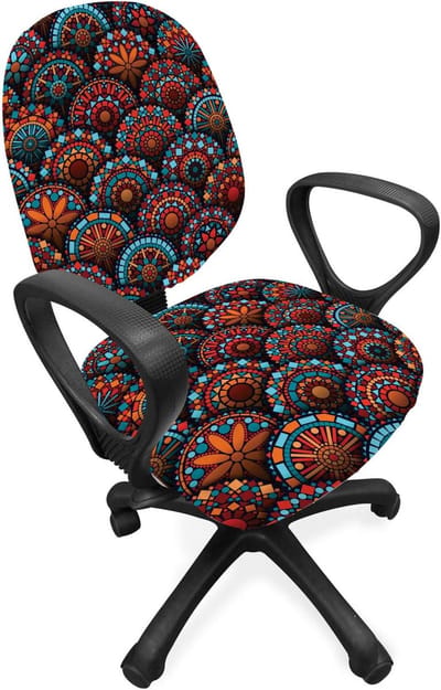 ABAKUHAUS Marokkaanse bureaustoel met overtreksel, schaal mandala-ontwerp, decoratieve beschermhoes van stretchstof, aqua oranje robijn