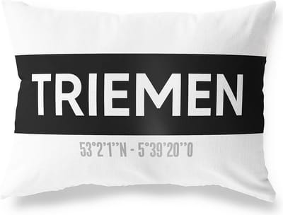Tuinkussen TRIEMEN - FRIESLAND met coördinaten - Buitenkussen - Bootkussen - Weerbestendig - Jouw Plaats - Studio216 - Modern - Zwart-Wit - 50x30cm