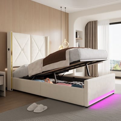 OKWISH Fluwelen Bed 90x200 cm - Met Usb C Oplaadpunten En Ledverlichting - Hydraulische Opbergruimte - Zonder Matras - Beige