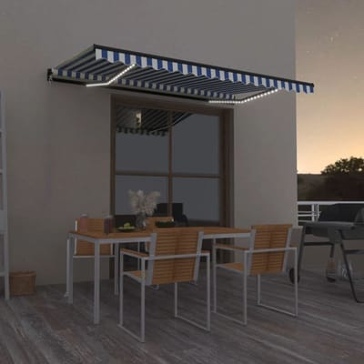 vidaXL - Luifel - handmatig - uittrekbaar - met - LED - 400x350 - cm - blauw - en - wit