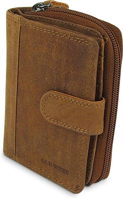 Old West Leren Portemonnee met Drukknoopsluiting en ritssluiting - Hunterleer - 10 Pasjes - RFID - Bruin