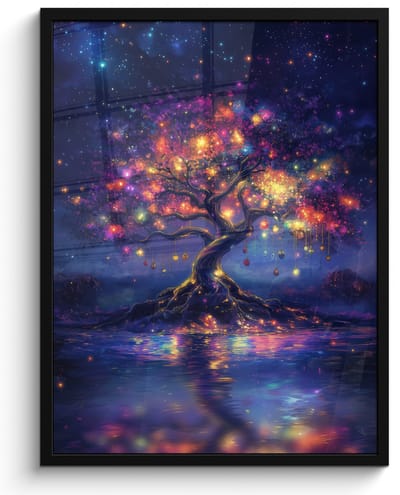 Poster in lijst - Fotolijst 60x80 cm - Posters - Kosmisch - lichtboom - Kerst - Kleurrijk - Posterlijst zwart - Decoratie - Wanddecoratie woonkamer - Muurdecoratie slaapkamer - Kerstversiering - Kerstdecoratie voor binnen - Kerstmis