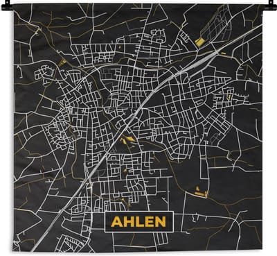 Wandkleed - Wanddoek - Black and Gold – Stadskaart – Ahlen – Duitsland – Plattegrond – Kaart - 180x180 cm - Wandtapijt