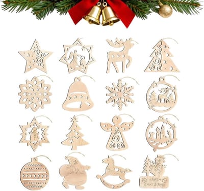 Set van 16 Houten Hangers voor Kerstboomdecoratie, Unieke Kerstversieringen en Cadeaus voor de Feestdagen