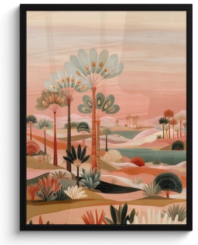 Poster in lijst - Fotolijst 60x80 cm - Posters - Roze landschap - Palmen - Water - Posterlijst zwart - Decoratie - Wanddecoratie woonkamer - Muurdecoratie slaapkamer