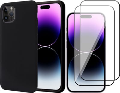 Hoesje geschikt voor iPhone 14 Pro - Matte Back Cover Microvezel Siliconen Case Hoes Zwart - 2x Full Tempered Glass Screenprotector
