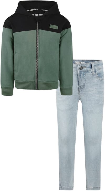 Koko Noko - Kledingset - Basic Collection - Bio Cotton - Blue jeans - Cardigan with hood Dark Green - Maat 92