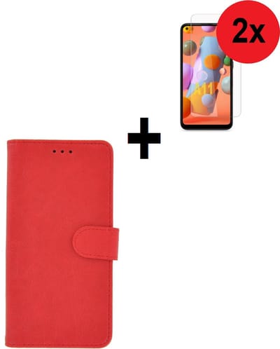 Geschikt voor Samsung Galaxy A11 hoes Effen Wallet Bookcase Hoesje Cover Rood + 2x Tempered Gehard Glas / Glazen screenprotector (2 stuks) Pearlycase
