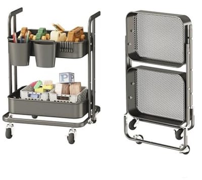 Opvouwbare Metalen Opbergwagen met 2 Niveaus en Wielen voor Keuken, Badkamer, en Kantoor