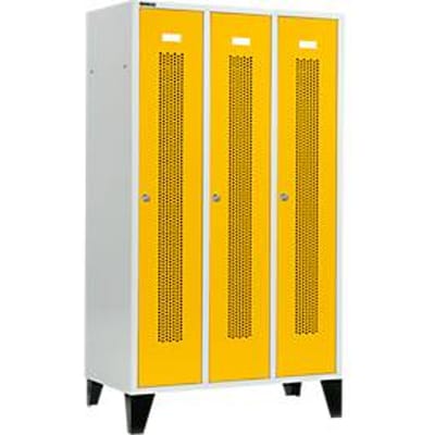 Schäfer Shop Select Kledinglocker, met geperforeerde rijen, 3 compartimenten, 400 mm, met poten, cilinderslot, Deur koolzaadgeel
