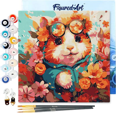 Figured'Art Mini Schilderen op Nummer Volwassenen 20x20cm met lijst Fantasie hamster en bloemen - Klein Formaat Creatieve Hobby Kit DIY Art Nummer Compleet