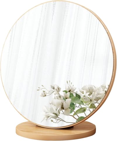 Ronde Make-upspiegel - Tafelspiegel - Dagelijkse Verzorging - 90° Draaibaar - 30 cm - Natuurlijk Hout