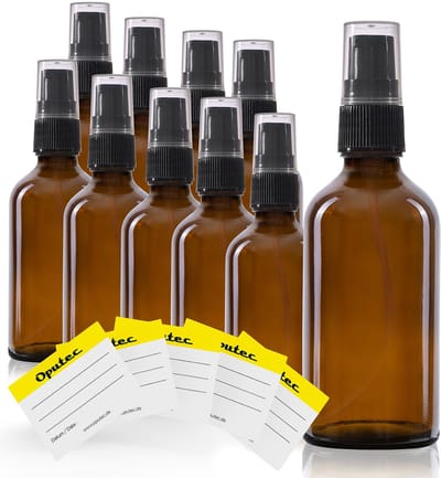 Oputec 10 x 50ml pompflessen – bruine glazen crèmespender & lotionspender – navulbaar & herbruikbaar – met etiketten – dicht & reisvriendelijk