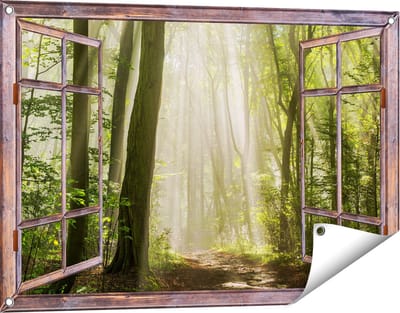 Gards Tuinposter Doorkijk Bos met Bomen en Zonneschijn - 90x60 cm - Tuindoek - Tuindecoratie - Wanddecoratie buiten - Tuinschilderij