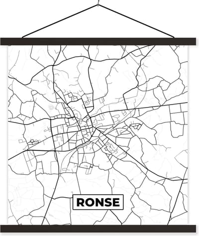 Posterhanger incl. Poster 60x60 cm - Schoolplaat - Stadskaart – Plattegrond – België – Zwart Wit – Ronse – Kaart - Textielposter - Zwarte latten - Stadskaart