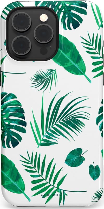 Casetastic Hoesje Geschikt voor Apple iPhone 15 Pro Max Magsafe - Stijlvolle Beschermende Duo-layer Case - Groene Witte Jungle Bladeren Print