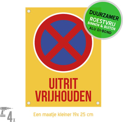 Pictogram/ bord Dibond + boorgaten | "Uitrit vrijhouden" | 19 x 25 cm | Geel | Roestvrij | Garagepoort | Vrijlaten | 1 stuk