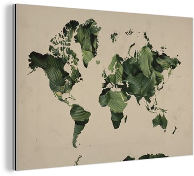 Aluminium schilderij 180x120 cm - Wanddecoratie metaal - Wereldkaart - Bladeren - Groen - Metalen muurdecoratie woonkamer - Decoratie industrieel - Foto op dibond - Industriële accessoires slaapkamer