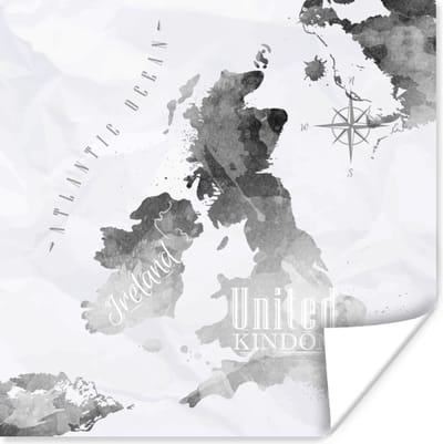 Poster 30x30 cm - Wereldkaart - Waterverf - Zwart - Posters - Kamer decoratie - Wanddecoratie woonkamer - Muurdecoratie slaapkamer