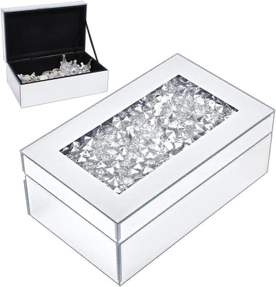 Glazen Sieradendoos - Spiegelende Organizer - Sieraden Opbergen - Crushed Diamond Decoratie - 21x13x85 cm - Zilver