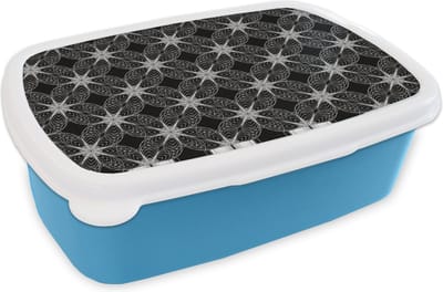 Broodtrommel Blauw - Lunchbox - Brooddoos - Kompas - Patronen - Zwart Wit - 18x12x6 cm - Kinderen - Jongen