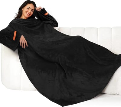 Deken met Mouwen - Zachte en Warme Fleece TV Deken voor Comfort en Besparing op Verwarmingskosten (Zwart, 140x180cm)
