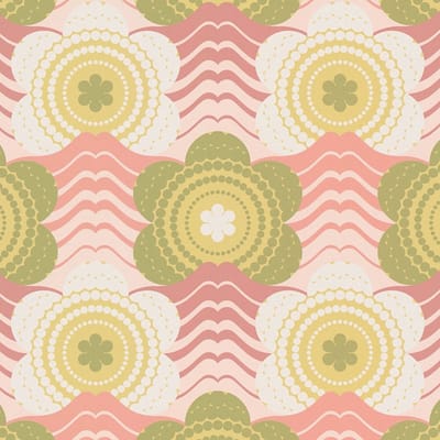 Retro behang Profhome 395391-GU vliesbehang hardvinyl warmdruk in reliëf licht gestructureerd met bloemen patroon mat roze oudroze olijfgeel crèmewit 4,5 m2