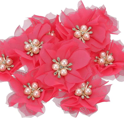 Chiffon Bloem Applicaties - Stoffen Bloemen Decoratie - Kleding Versieren - Met Parel en Strass - 10 stuks - Rozerood