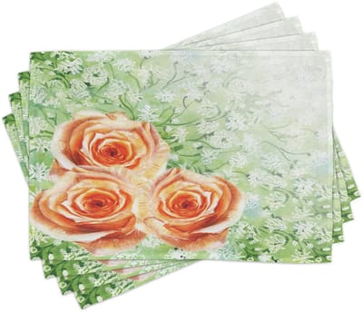 ABAKUHAUS groene placematten, aquarelrozen, wasbare stof, eetkamer- en keukendecoraties met digitale print, oranje-groen