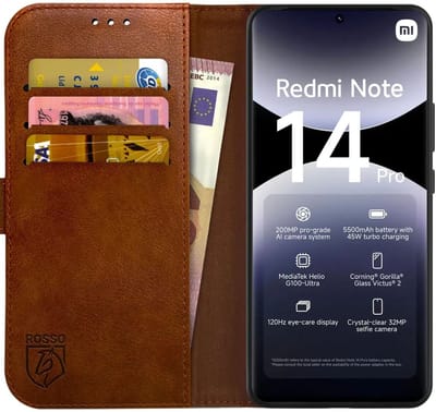 Rosso Element Geschikt voor Xiaomi Redmi Note 14 Pro 4G | Wallet Book Case | Portemonnee Hoesje | 3 Pasjes | Magneetsluiting | Stand Functie | Bruin