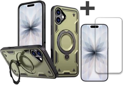 Hoesje Geschikt voor iPhone 17 met gehard glas Screenprotector - Armor hoes met Ringhouder - Arara backcover - Groen