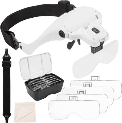Hoofdband Vergrootbril met Ledlicht en 5 Verwisselbare Lenzen voor Lezen, Elektriciens, Juweliers, Naaien en Reparatie - Vergrootglas met Verlichting (1x tot 35x)